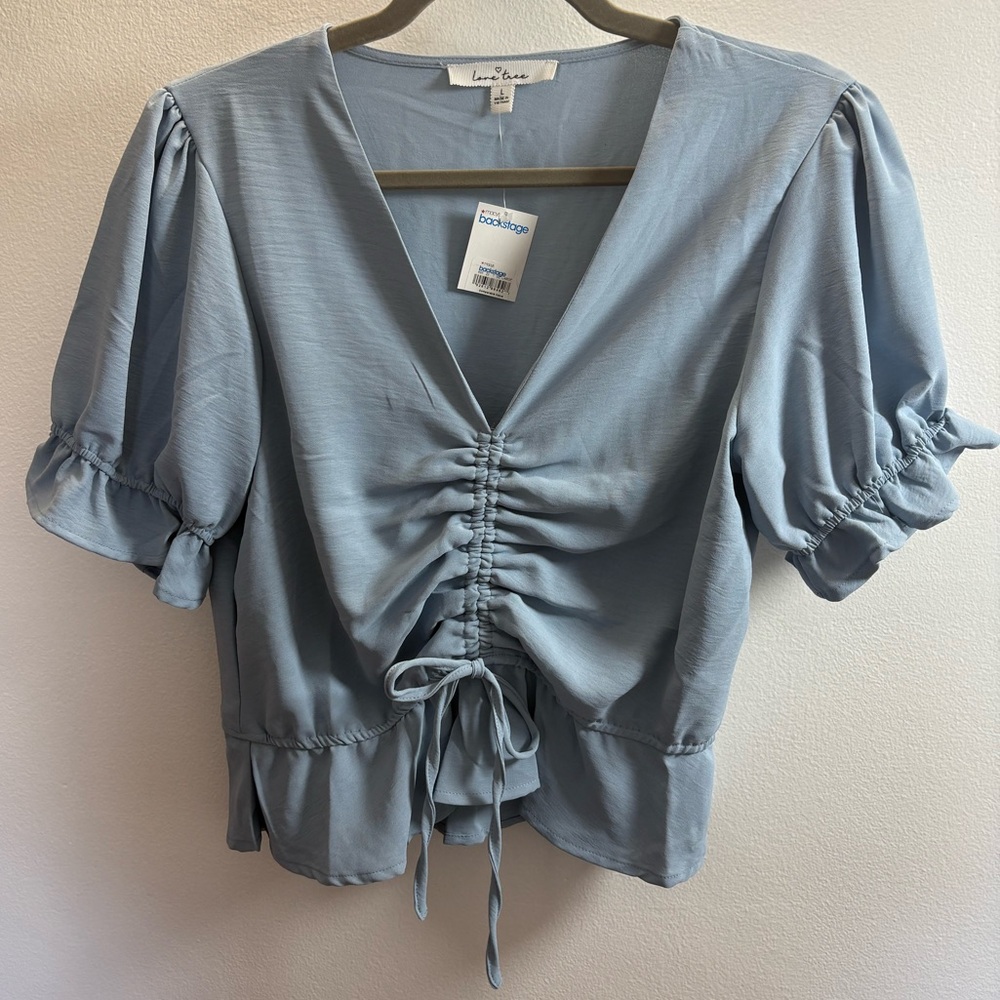 Love Tree Blue Ruched Front Blouse L